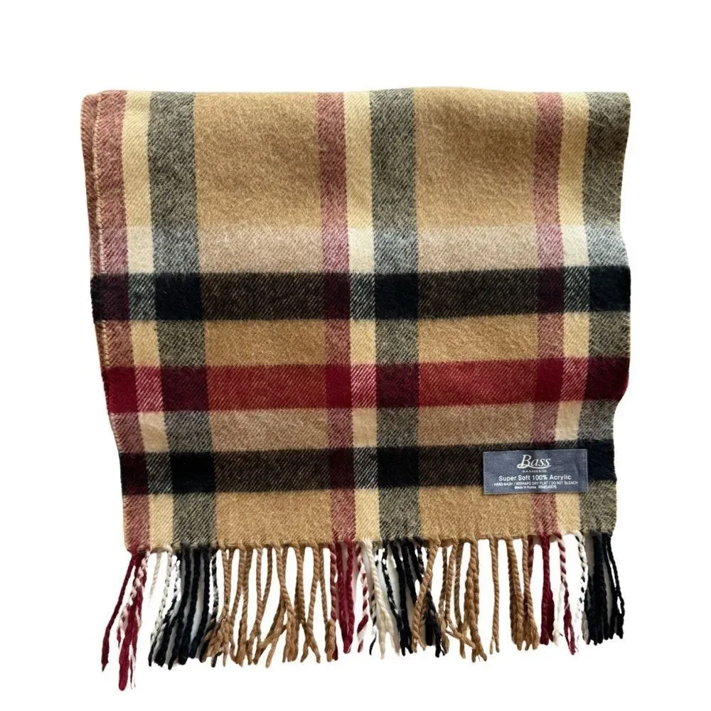 Bass Plaid Cashmere Feel Classic Soft Luxurious Winter Scarf Unisex (Camel)